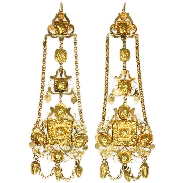 Extreme rare antique Dutch gold filigree long pendent earrings